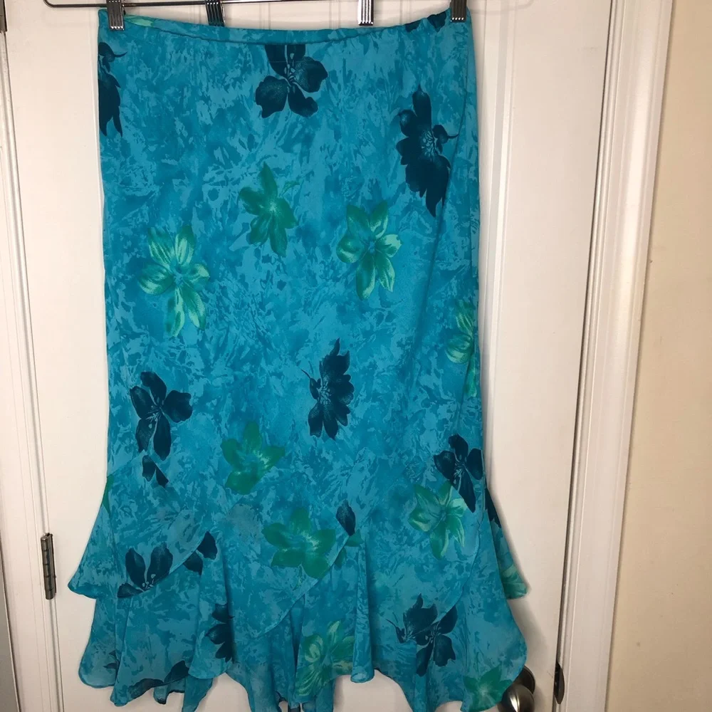 VINTAGE Y2K Fairy Floral Hawaii Tropical Ruffle Midi Skirt Blue and Green XL - Picture 8 of 11